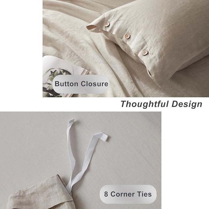 TOSMO 100% Linen Duvet Cover Set with Button Closure, 2 Pieces (1 Duvet Cover with 1 Pillowcase), Soft Breathable Durable Farmhouse Bedding - Twin, Natural Linen