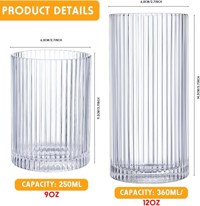 Zhehao 12 Pcs Ribbed Drinking Glasses Set 9 oz 12 oz Glass Cups Vintage Glassware Ribbed Cocktail Cup Clear Ice Coffee Highball Ripple Drinkware for Home Bar Beverages