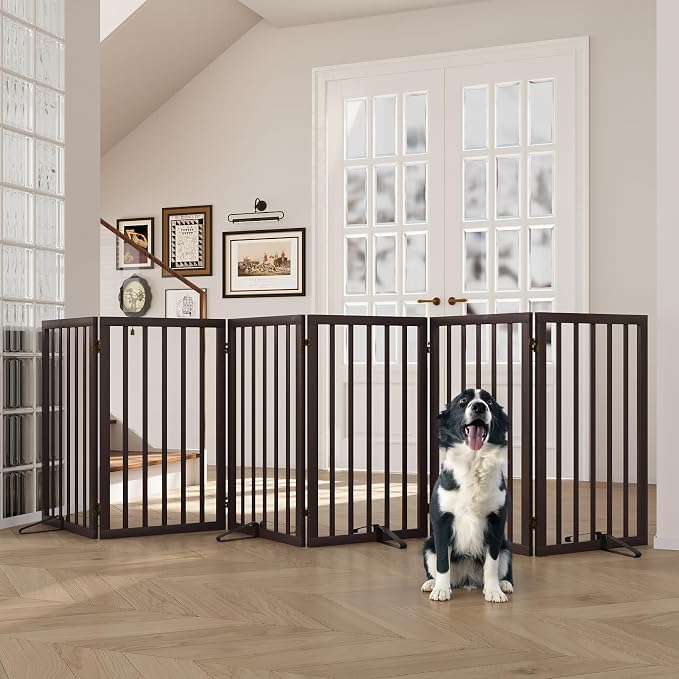 Semiocthome Freestanding Dog Gate Indoor 32" Tall, 6-Panel Wooden Dog Gates for Doorways Stairs, Foldable Pet Gate Safety Fences Indoor (110" W,Espresso)