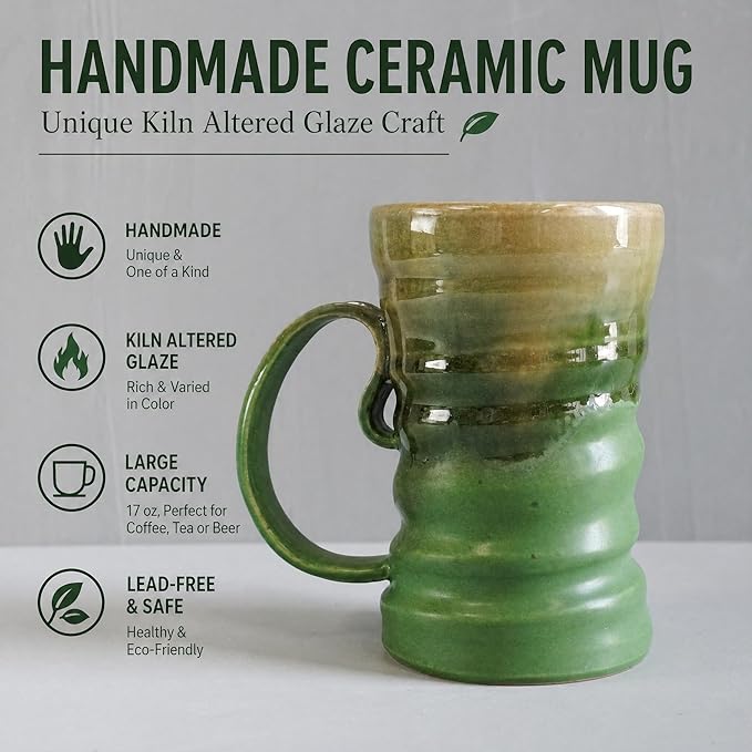 17oz Large Unique Cool Tall Handmade Ceramic Coffee Mug with Comfortable Big handle, Big Pottery Tea Mug, Artisanal Stoneware Coffee cup, Rustic Lead-free Tea Cups, Microwave safe Coffee Cup