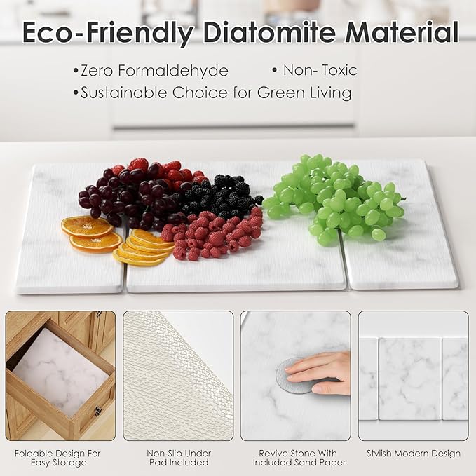 3 PCS Large Stone Dish Drying Mat for Kitchen Counter -24"x16" Absorbent Diatomaceous Earth Mat with Stone Faucet Mat & Soap Tray - Quick Dry, Collapsible, Non-Slip Countertop Organizer