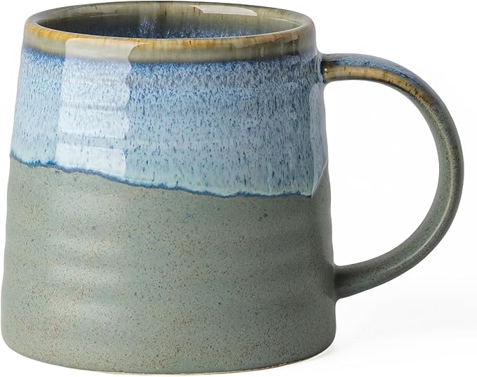 15.5 Oz Large Reactive Glaze Ceramic Mug, Heavy Weighted Stoneware Coffee Cup, Wide Base, Thick Wall Big Tea Cup with Custom Package Box, Microwave & Dishwasher Safe(Blue-Grey)