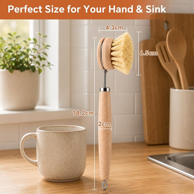 DEBETOOL Bamboo Dish Brush with Handle & 4 Replacement Heads - Natural Wooden Dish Scrubber with Sisal and Palm Fiber, Plastic Free Bamboo Brush for Dishes, Pots, Pans