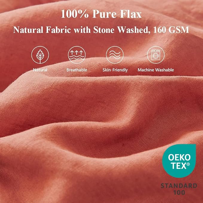Simple&Opulence 100% Linen Duvet Cover Set 3pcs with Bowknot Ties Closure Natural French Washed Flax Solid Color Soft Breathable Farmhouse Bedding - Brick Red, King Size