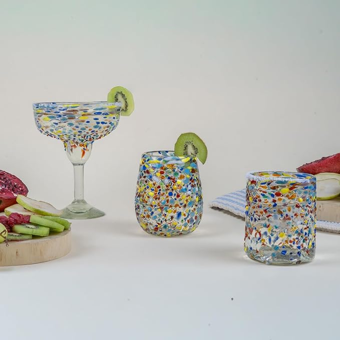 Confetti Dots Hand Blown Tumbler Glasses Set of 6 – Colorful Mexican Glassware – 10 oz Recycled Glass Tumbler – Hand blown Mexican Drinking Glasses for Cocktails, Wine & Tequila