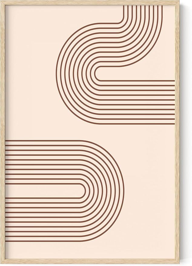 Abstract Double Wavy Arch Wall Art Minimalist S-Shape Lines Earth Tones Terracotta Brown 24x36 Inch Oak Wood Beige Framed Boho Geometric Print for Modern Living Room Decor