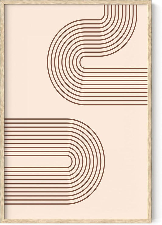 Abstract Double Wavy Arch Wall Art Minimalist S-Shape Lines Earth Tones Terracotta Brown 24x36 Inch Oak Wood Beige Framed Boho Geometric Print for Modern Living Room Decor