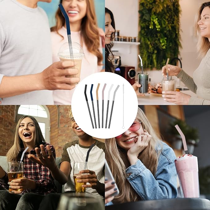 Tronco Set of 6 Stainless Steel Reusable Metal Straws with Silicone Flex Tips Elbows Cover, Metal Drinking Straws for Tronco Tumbler, 6 Steel Straws,6 Silicone Tips,1 Straw Cleaning Brush（Black)