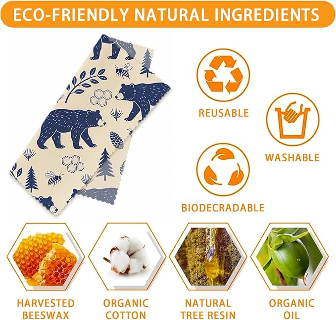 Reusable Beeswax Wrap, 9 Pack Eco-Friendly Wraps For Food, Organic, Sustainable, Zero Waste, Plastic-Free Food Storage, 1XL, 3M, 5S, Birds Bears Turtles Patterns