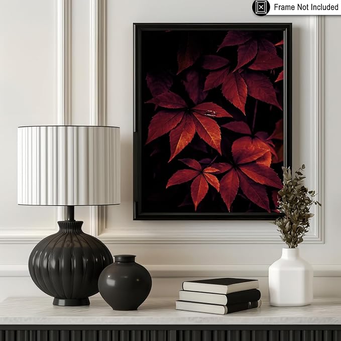 Monem Art Red Autumn Leaves Macro Photography Print - Moody Botanical Nature Poster - Wall Decor for Living Room, Bedroom or Office - 24x32 Unframed Wall Art by Mareike Bohmer