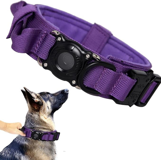 Upgraded AirTag Dog Collar,Waterproof Tactical Dog Collar with AirTag Holder, Control Handle and Metal Buckle,Heavy Duty Dog Collars for Large Dogs Adjustable Heavy Duty Dog Collars(DeepPurple，L