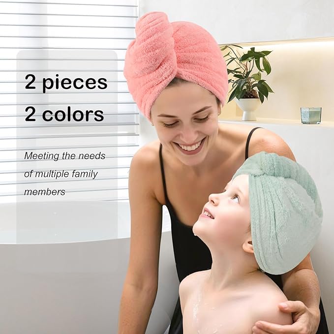 Microfiber Hair Drying Towel Wrap for Women, Hair Turbans Towel for Wet Hair,turbie Twist Hair Towels(The Color of the Picture is for Reference only) (Light Green,Pink)