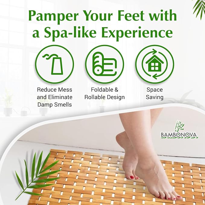 Bamboo Bath Mat 24 x 16 Inches and Wooden Soap Dish Set Bathroom Rugs Bathtub Mat Non Slip Bath Mats for Bathroom, Kitchen Sauna Spa Hot Tub Outdoor Decor