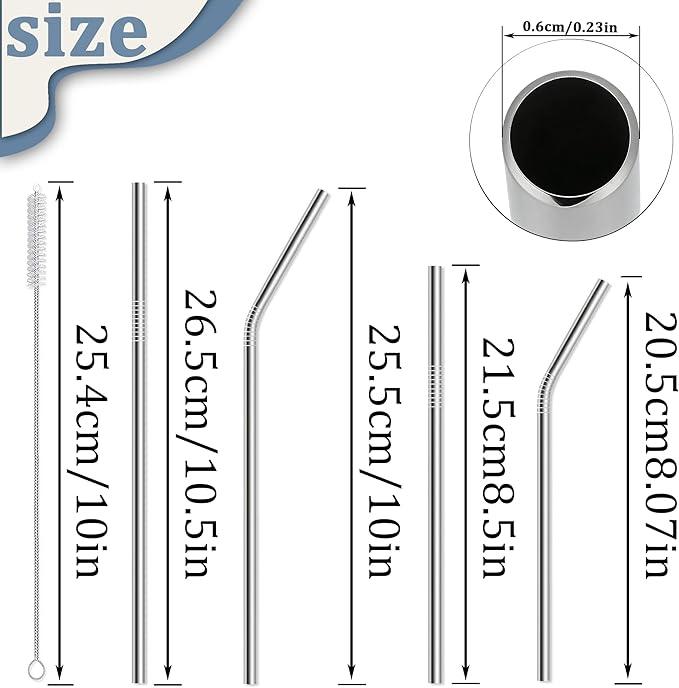 16 Pack Reusable Stainless Steel Metal Straws: 4 Straight 8.5" + 4 Bent 8.5" + 4 Straight 10.5" + 4 Bent 10.5", with 4 Cleaning Brushes, Dishwasher Safe for 20 24 30 oz Tumblers