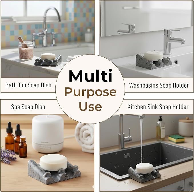 DOXOLOGY Gray Stone Marble Soap Dish Bathroom Organizer - Resin Soap Dish with Rectangular Design 3.7" L x 2.8" W - Self Draining Soap Dishes Keeps Countertop Neat - Marble Look Soap Tray for Sink