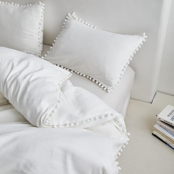 Simple&Opulence French Linen Blended Duvet Cover Queen, Flax Viscose Derived from Bamboo Bedding Set with Pom Pom Trim Soft Cooling for Hot Sleepers, 1 Boho Comforter Cover and 2 Pillow Shams, White