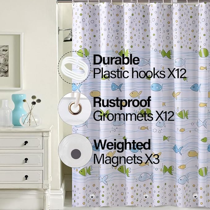 Plastic Shower Liner - Premium PEVA 4G Shower Curtain Liner with Rustproof Grommets and 3 Weighted Magnets, Waterproof Shower Curtains for Bathroom (Small Fish)