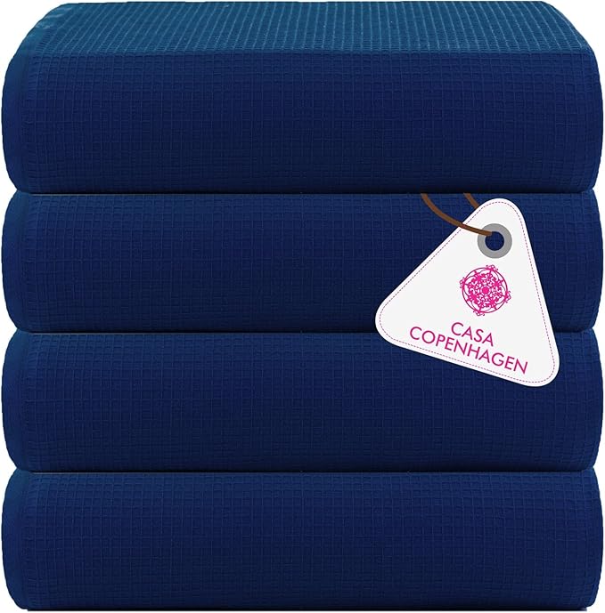 CASA COPENHAGEN Wafffle 4Pcs 100% Egyptian Cotton Large Designer Towels Gift Set- Navy, 55"x27", 4Bath Towels for Bathroom (Box Pack, Set for Women & Men)