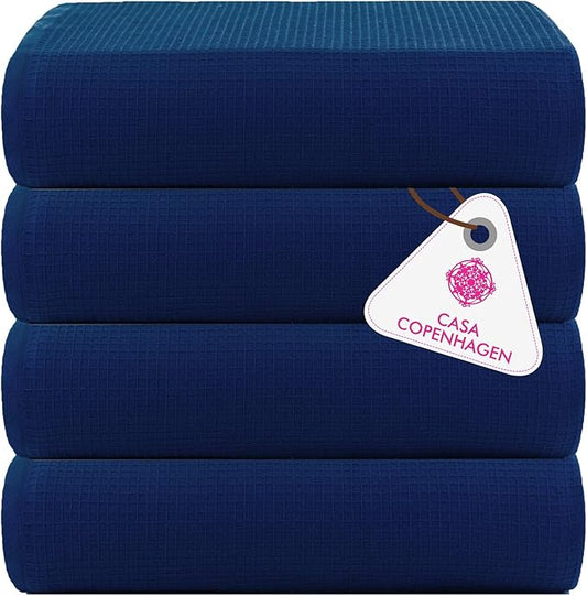 CASA COPENHAGEN Wafffle 4Pcs 100% Egyptian Cotton Large Designer Towels Gift Set- Navy, 55"x27", 4Bath Towels for Bathroom (Box Pack, Set for Women & Men)