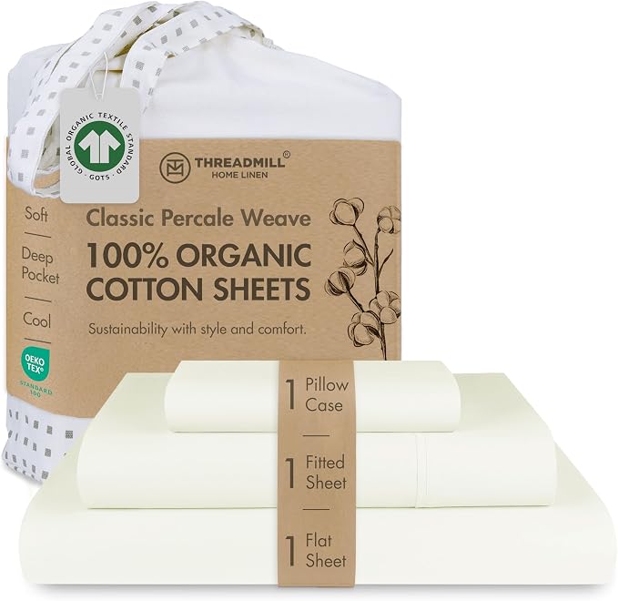Threadmill Certified by GOTS Organic Cotton Sheets - Twin XL, 3 Piece, Ivory - Ultra Soft, Cooling and Breathable Bed Sheet Set - Lightweight and All-Round Elastic Deep Pocket