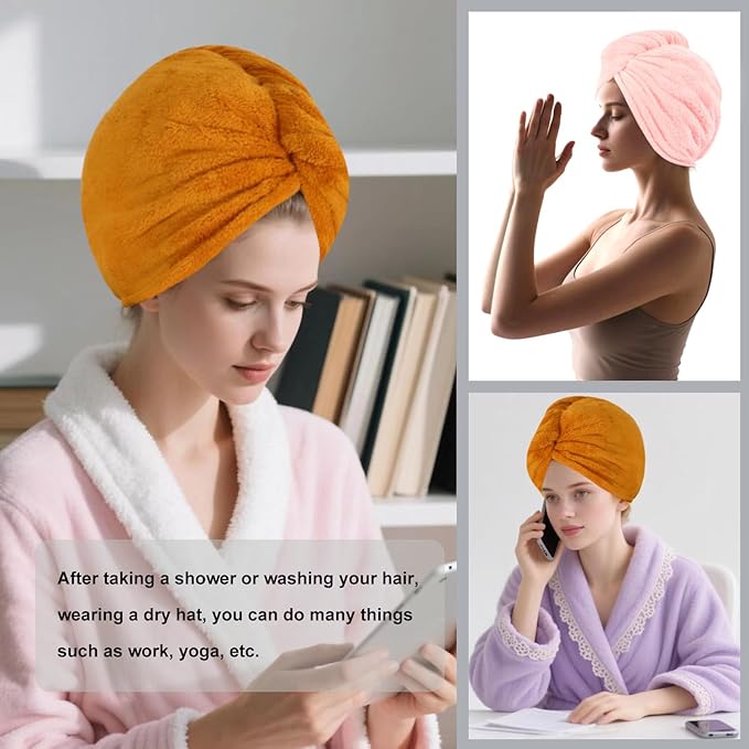 Microfiber Hair Drying Towel Wrap for Women, Hair Turbans Towel for Wet Hair,turbie Twist Hair Towels(The Color of the Picture is for Reference only) (Light Pink,Apricot Yellow)