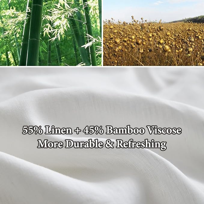 Simple&Opulence French Linen Blended Duvet Cover Queen, Flax Viscose Derived from Bamboo Bedding Set with Pom Pom Trim Soft Cooling for Hot Sleepers, 1 Boho Comforter Cover and 2 Pillow Shams, White