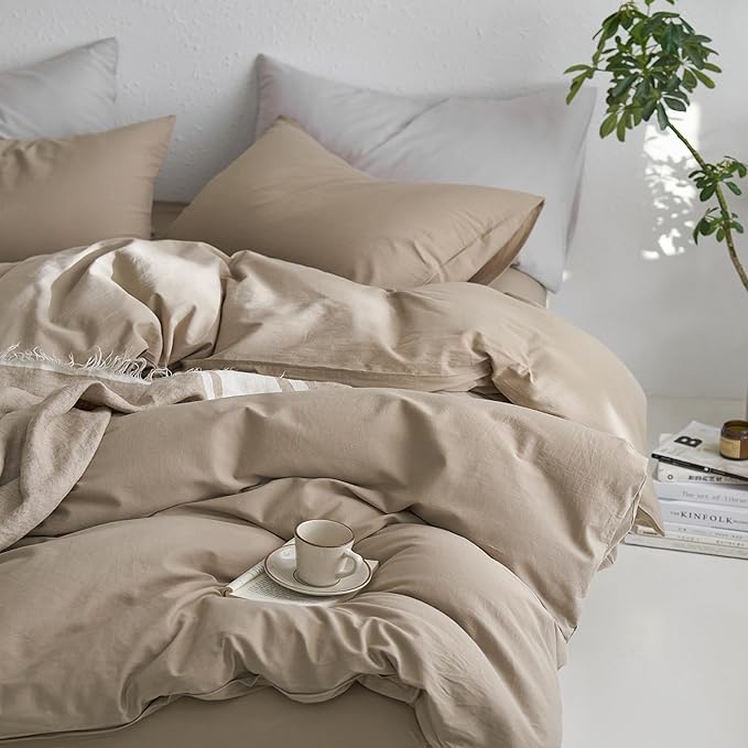 MooMee King Duvet Cover Set, 100% Washed Cotton Linen Like Twill Thick Sturdy Material Super Soft Breathable Durable Bedding for All Season, 3 Pieces (Mocha Brown, King 104"x90")