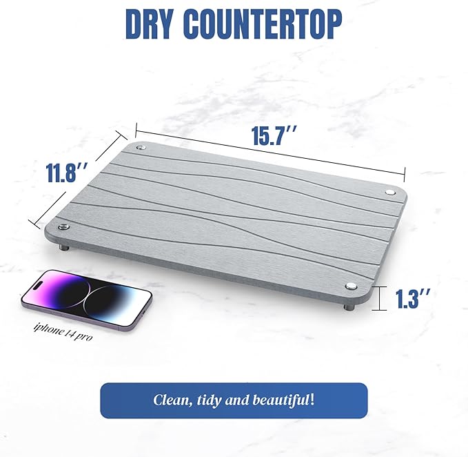 Stone Drying Mat for Kitchen Counter, Diatomaceous Dish Drying Mats Superb Absorbent with Non-Slip Stainless Steel Feet for Dishes, Bottles and more, 15.7"(L)×11.8"(W), Light Grey Wave