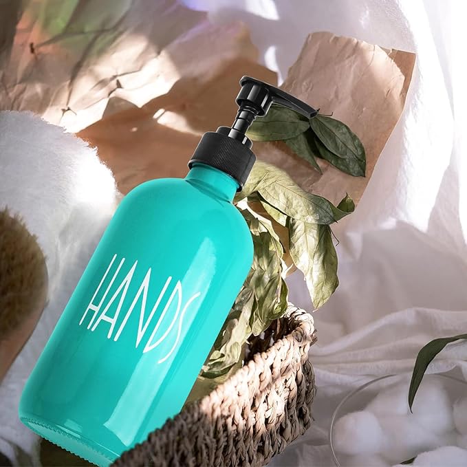 Glass Soap Dispenser with Plastic Pump for Kitchen - 16 OZ Glass Hand, Dish Soap Dispenser Set - Kitchen, Bathroom Decor and Accessories (Teal)