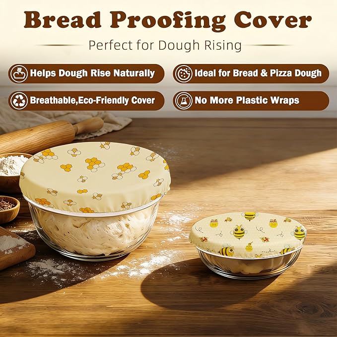 Reusable Beeswax Bowl Covers for Bread Proofing & Food Storage, Eco-Friendly Organic Cotton & Natural Wax & Resin, for Baking, Picnic, Pet Food, Sustainable Kitchen (Honeybee001, 2*12''+2*10''+2*8'')