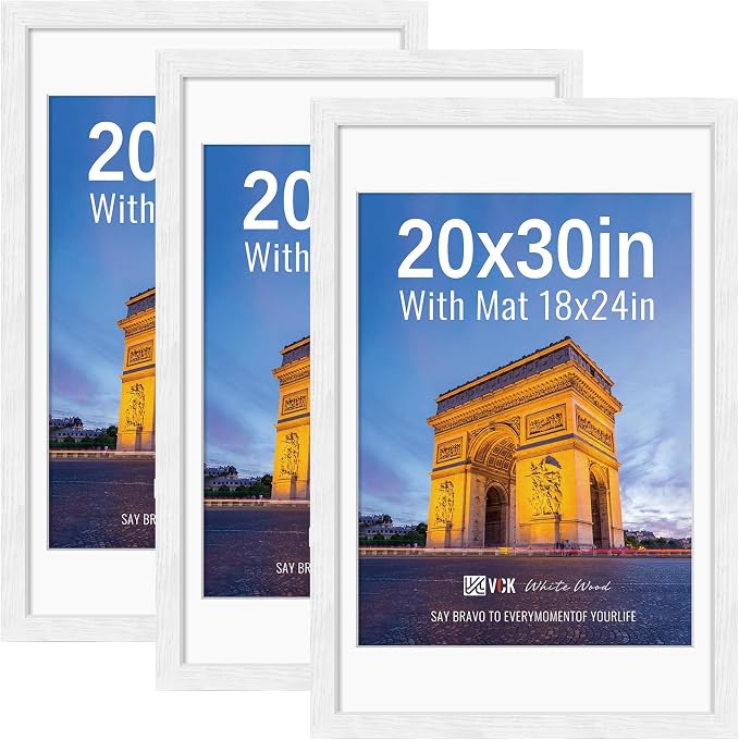 VCK 20x30 Frames White 3 Pack, Wide Border Wood, Display 18x24 Picture Photo with Mat or 20 x 30 without, for Home, Office, Gallery, Woodgrain Series, Wall Hanging