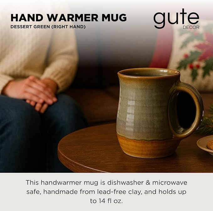 Hand Warmer Mug, Ceramic Pottery and Hand Painted & Colored - Contoured Pocket, Hold Warmth From The Heat Of Your Drink - Keep Your Fingers Warm, Comfy Handwarmer Gift, Winter Gifts - Right Handed