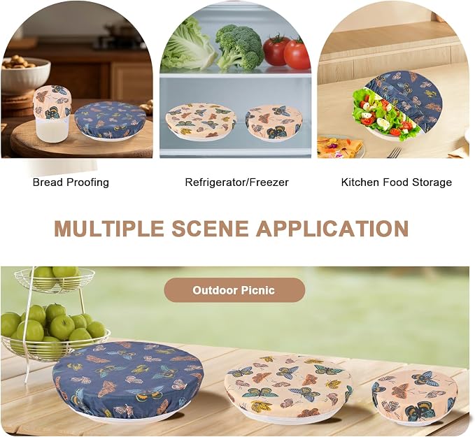 Reusable Bowl Covers for Bread Proofing - Beeswax Bowl Covers Reusable 3 Set, Cotton Blend Stretch Design, Fits 4-13 Inch Bowls, Shower Caps for Sourdough Bread（Butterfly）