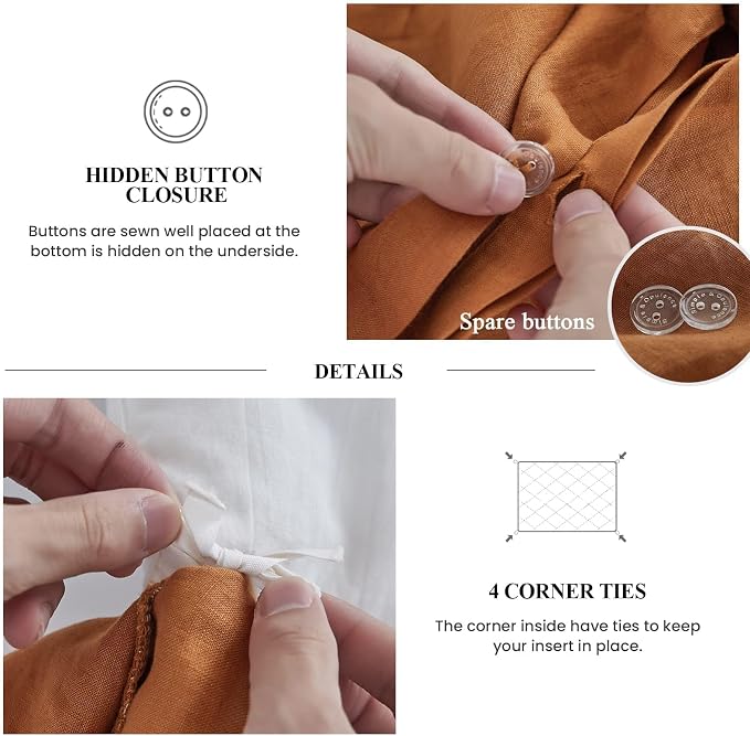 Simple&Opulence 100% Linen Duvet Cover Set, 3 PCS Natural French Flax Rust Ruffle Duvet Cover Queen Size, Breathable Comfy Linen Bedding Comforter Cover with 2 Pillowcases (Rust, 88" X 92")