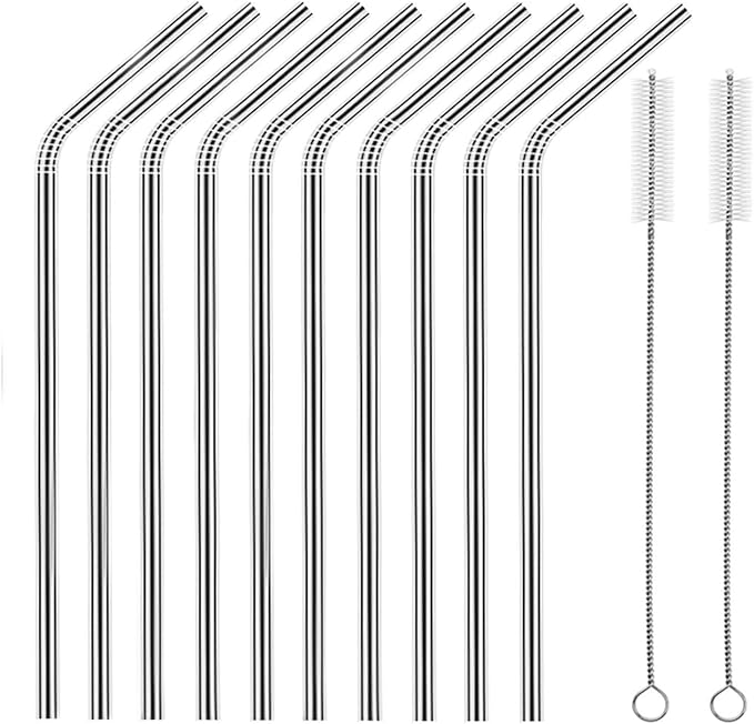 Set of 10 Stainless Steel Straws, HuaQi Bent Reusable Drinking Straws 10.5'' Long 0.24‘’ Dia for 30 oz Tumbler and 20 oz Tumbler, 2 Cleaning Brush Included (10 Bent Staw + 2 Brushes）