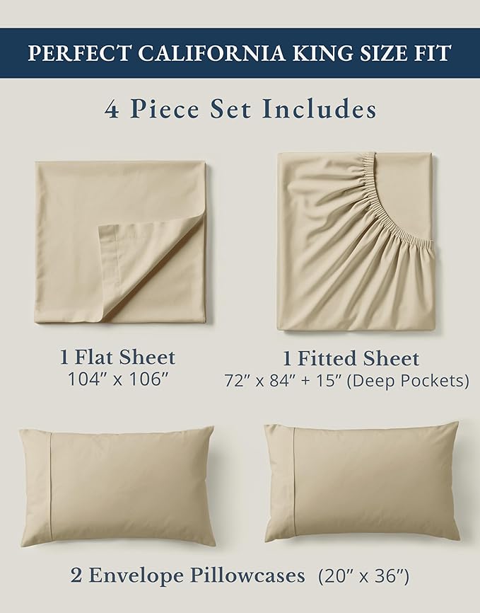 LANE LINEN 100% Organic Cotton Fully Elasticized California King Sheet Set, Low Pilling Fade Resistant Machine Washable Naturally Cooling Cal King Bedding Set, Soft & Comfy Cotton Sheets – Linen