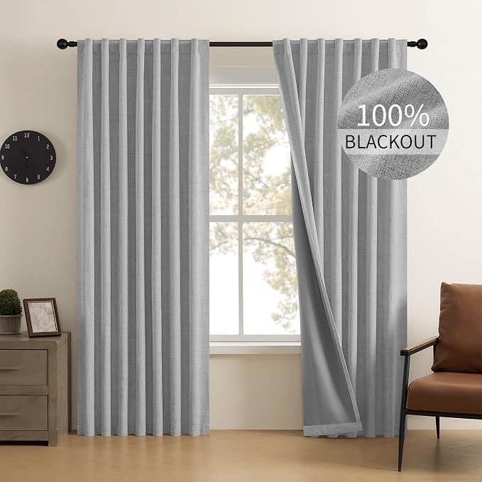 CUCRAF Linen 100% Blackout Curtains 63 Inch Length 2 Panels Set, Back Tab and Rod Pocket Curtain for Living Room Bedroom, Room Darkening Window Drapes Thermal Insulated, (52x63 inch, Light Grey)