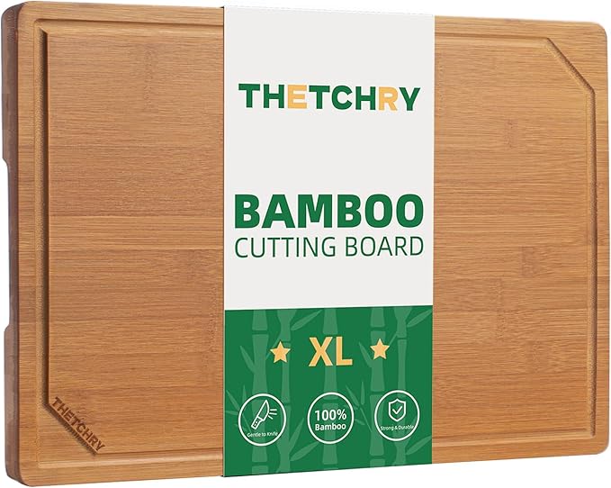 THETCHRY Wood Cutting Board for Kitchen,Non-slip Bamboo Cutting Board with Juice Groove & Handle,Charcuterie Chopping Board for Meat, Perfect Size for Prep & Serving,16.5''Lx11.6''Wx0.6''TH