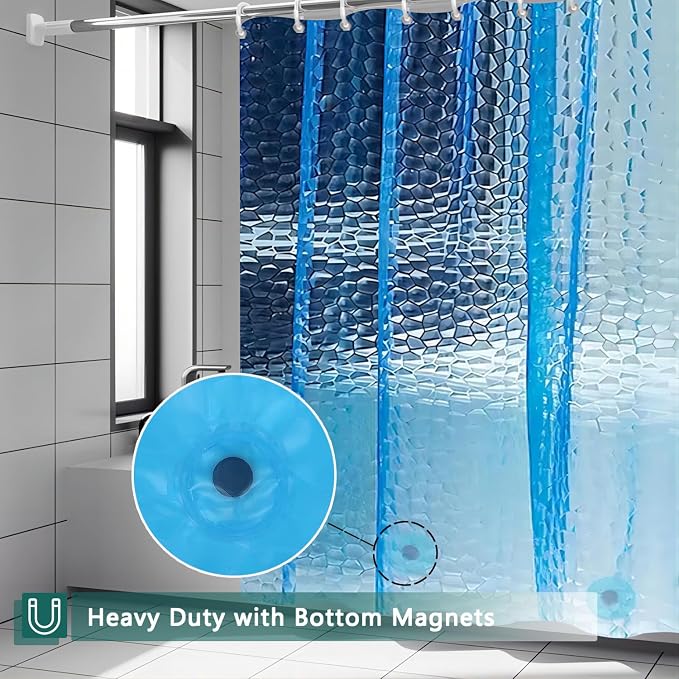 Blue Shower Curtain Liner, 100% Waterproof EVA 3D Shower Curtains with 3 Duty Heavy Bottom Magnets and 12 Rust Proof Grommets, 72x72 Weighted Shower Liner for Shower Stall, Bathtubs