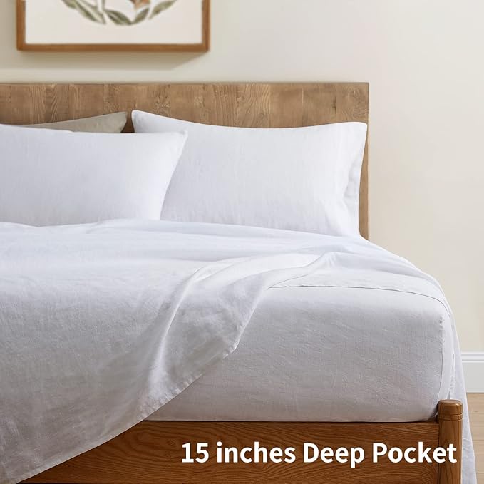 ATLINIA 100% Pure Flax Linen Bedding Set - Stone Washed French Linen Fabric Deep Pocket Fitted Sheet Farmhouse Flat Sheet 2 Pillowcases (White, Full)