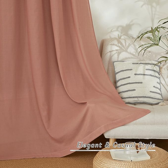 NICETOWN Thick Linen Terracotta Curtains for Bedroom, Rod Pocket & Back Tab Flax Semi Sheer Drapes Privacy Assured with Light Filtering for Girls/Princess Room, W55 x L84, 2 Pieces