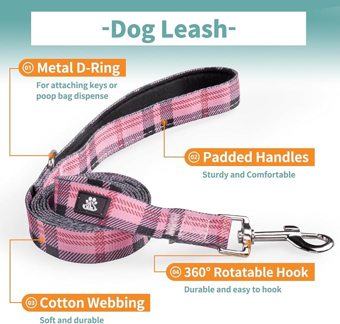 IVY&LANE Dog Collar with Bowtie and Leash Set | Plaid Adjustable Dog Collar | Detachable Bow Tie |5 FT Dog Leash | for Small Medium Large Dogs | Checkered Pink | Large