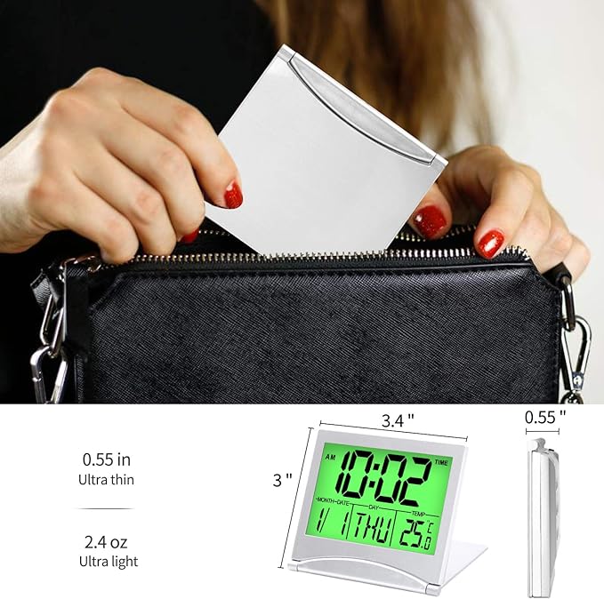 Betus Digital Travel Alarm Clock with Backlight - Foldable Calendar Temperature Timer LCD Clock with Snooze Mode - Large Number Display, Battery Operated - Compact Desk Clock