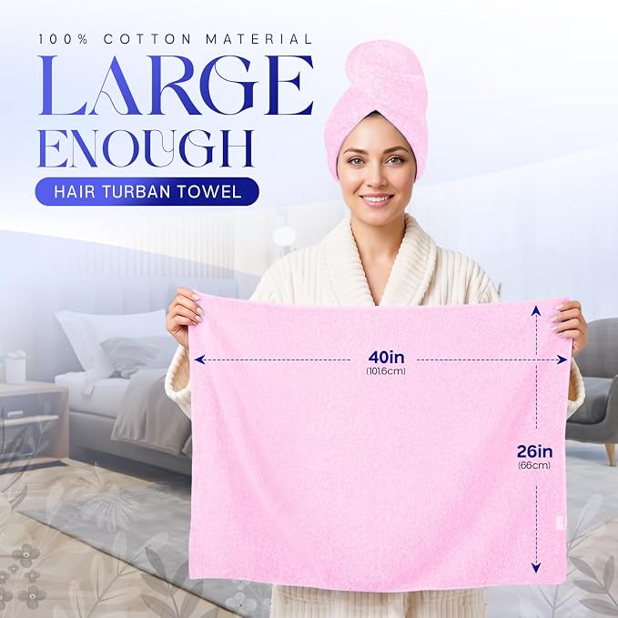 Lili&James Cotton Hair Towel Wrap for Women/Kids | Quick Dry, Soft & Absorbent Hair Wrap Towels with Double Button (Pack of 1, Pink Large)