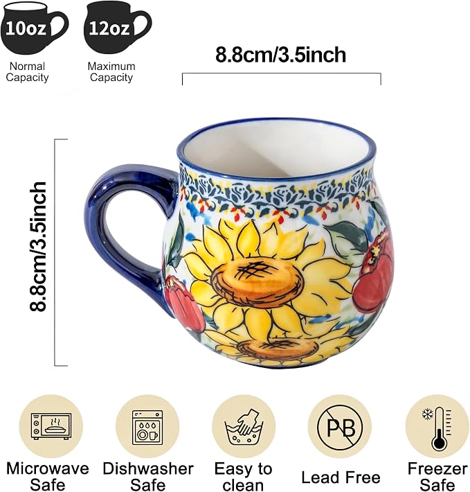 ALMA 12oz Handpainted Sunflower Ceramic Coffee Mug | Microwave & Dishwasher Safe, For Breakfast Nook, Dining Table, Home Office & Display, Ideal for Homemakers & Mom
