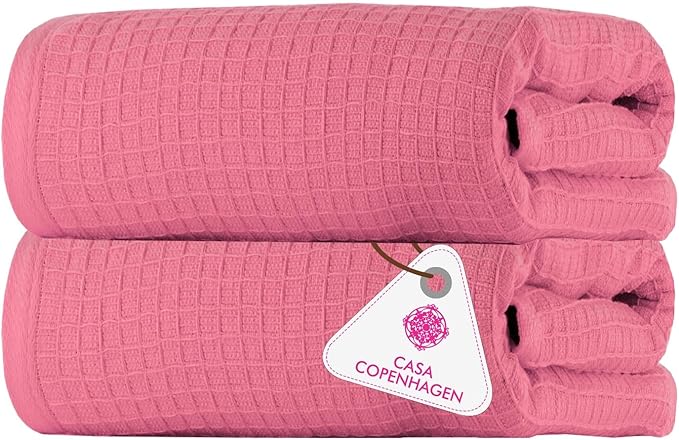 CASA COPENHAGEN Waffle 2Pcs 100% Egyptian Cotton Large Designer Bathsheet Towels Gift Set- Pink, 35"x70" 2Bath Sheet Towels for Bathroom (Box Pack, Set for Women & Men)
