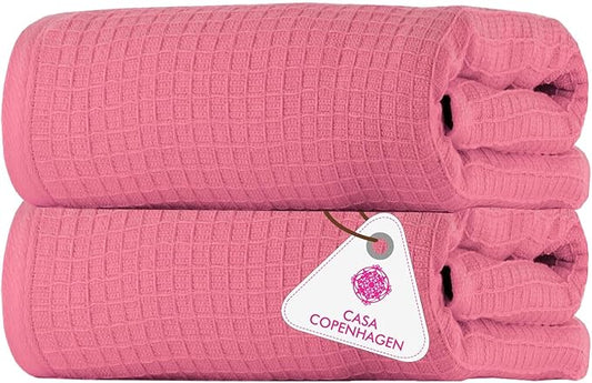 CASA COPENHAGEN Waffle 2Pcs 100% Egyptian Cotton Large Designer Bathsheet Towels Gift Set- Pink, 35"x70" 2Bath Sheet Towels for Bathroom (Box Pack, Set for Women & Men)