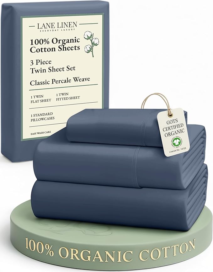 LANE LINEN 100% Organic Cotton Twin Bed Sheet Set, Luxury Hotel Style Fade Resistant Deep Pocket Machine Washable Twin Size Sheet Set, Eco Friendly Mercerized Cotton Sheets- Estate Blue