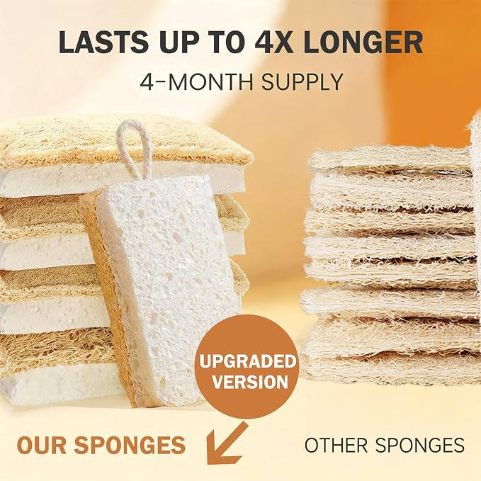 Natural Loofah & Cellulose Dual Sided Sponge 5 Pack | Compostable, Plastic-Free, Biodegradable Kitchen Scrubber | Non-Scratch for Dishes, Pots, Pans & Cast Iron