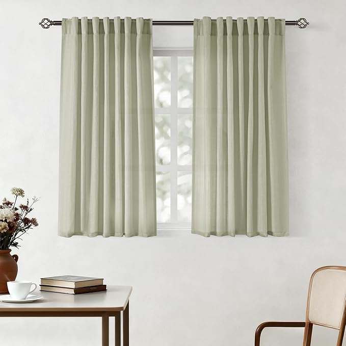 Linen Blend Sage Green Curtains 45 inch Length 2 Panels for Bedroom Back Tab Light Filtering Semi Sheer Drapes Linen Cotton Textured Light Green Airy Modern Farmhouse Living Room Sage Aesthetic Decor